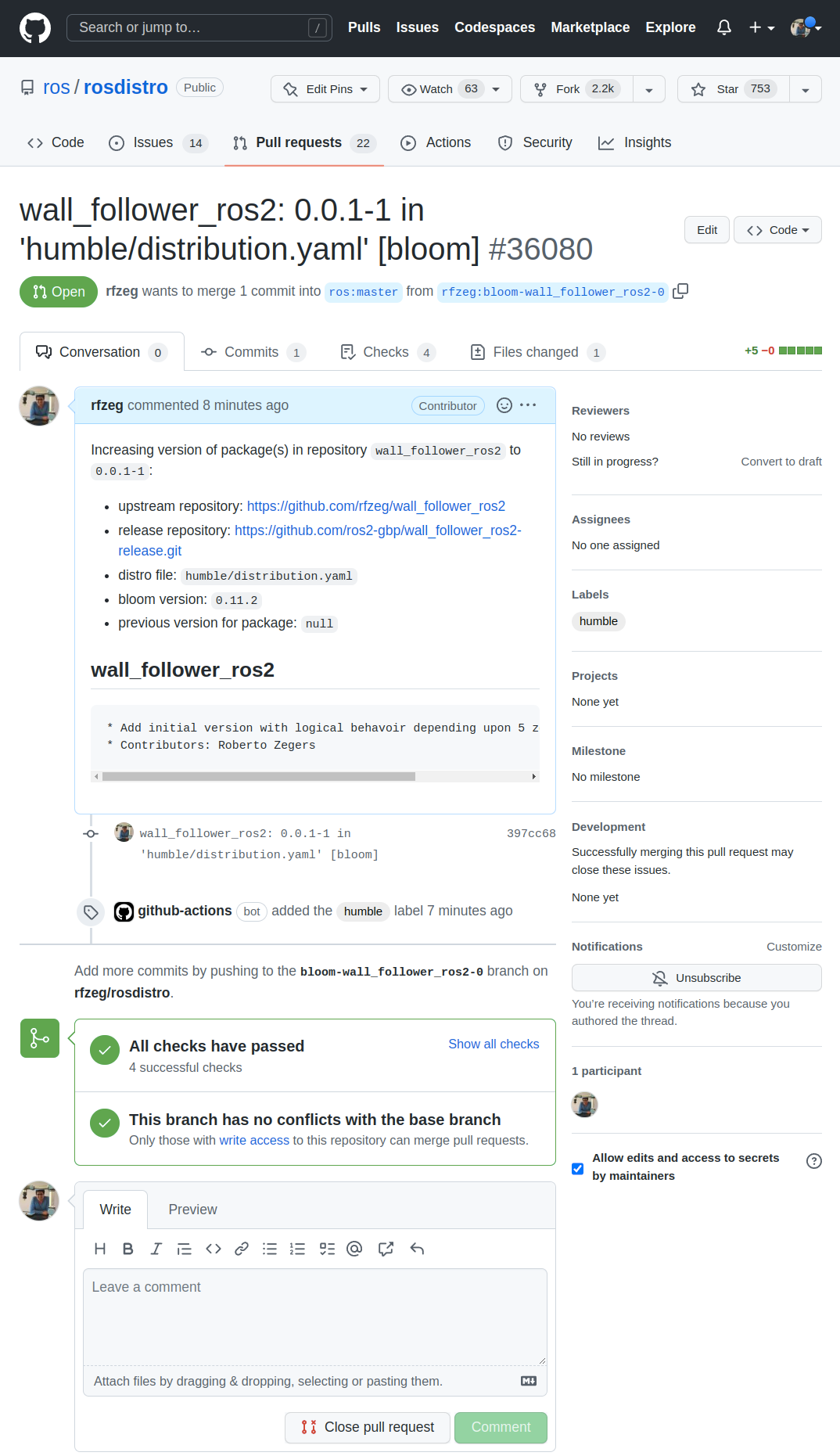 ROS ROSDISTRO Pull Request on GitHub
